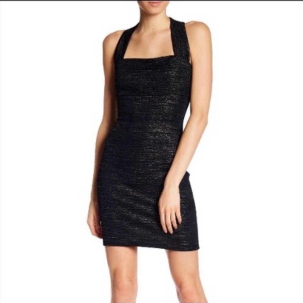 Denim Forum Metallic Black Halter Midi Dress | Size Medium